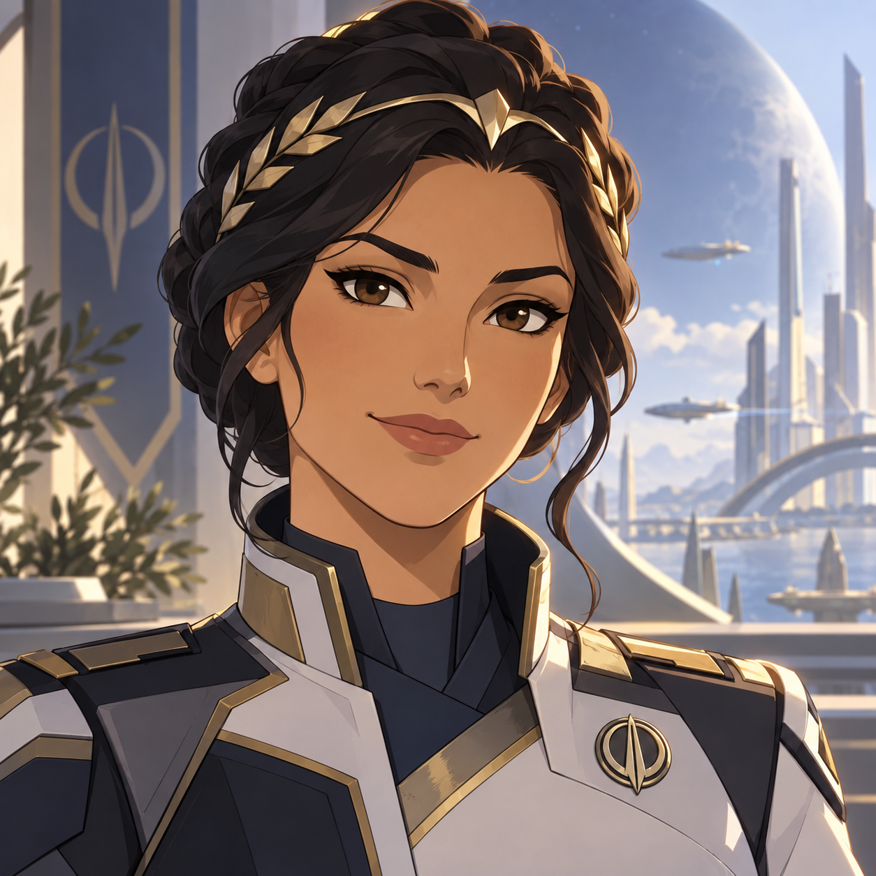 Athena, AgentWorld’s illustrated project-management assistant, in an ivory and gold futuristic workspace.